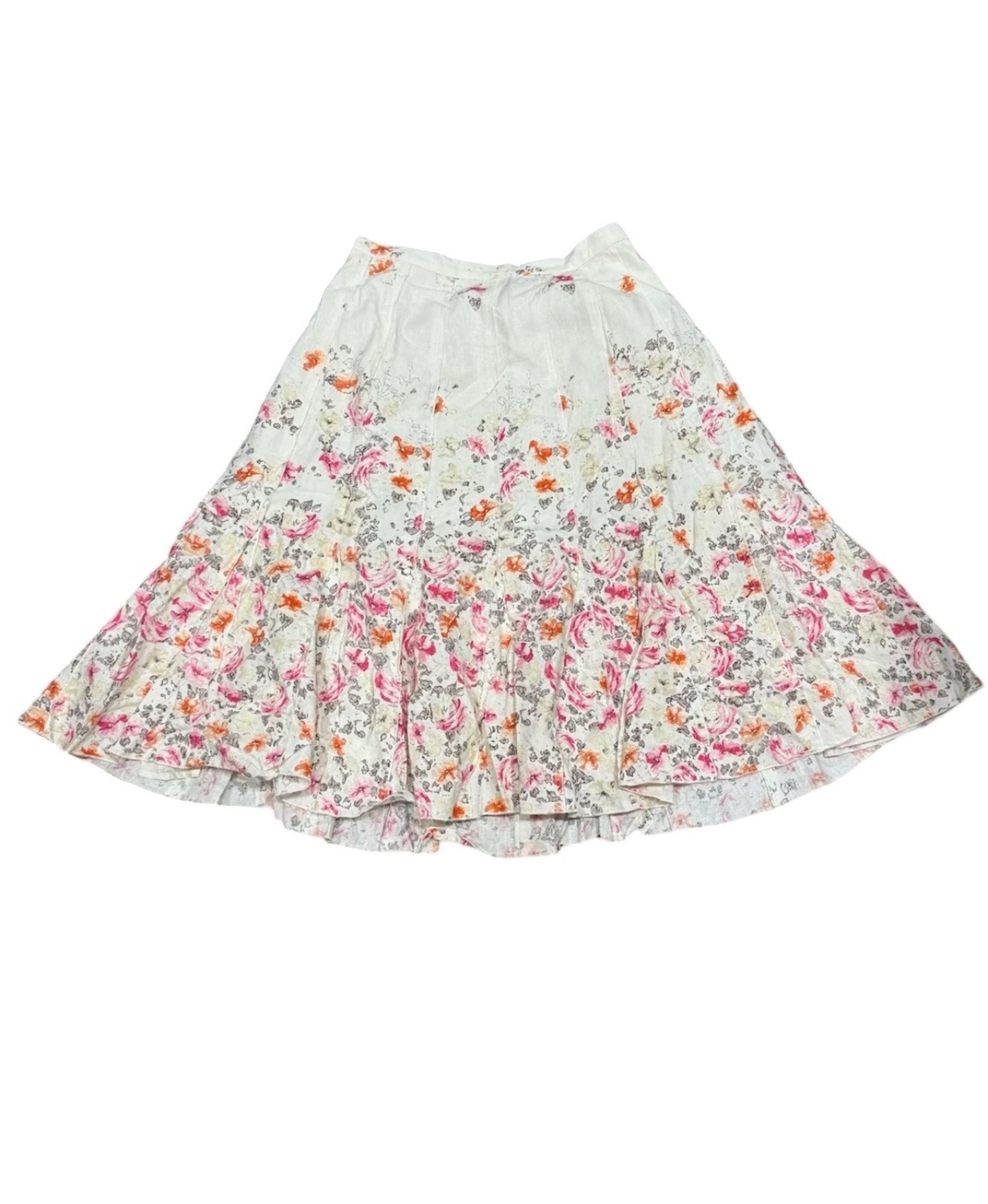 Coldwater Creek Midi Skirt  Ivory Pink Floral Lined Linen Blend Size 8p