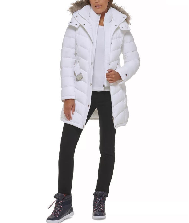 TOMMY HILFIGER Women's Belted Faux-Fur-Trim Hooded Puffer Coat, price 315