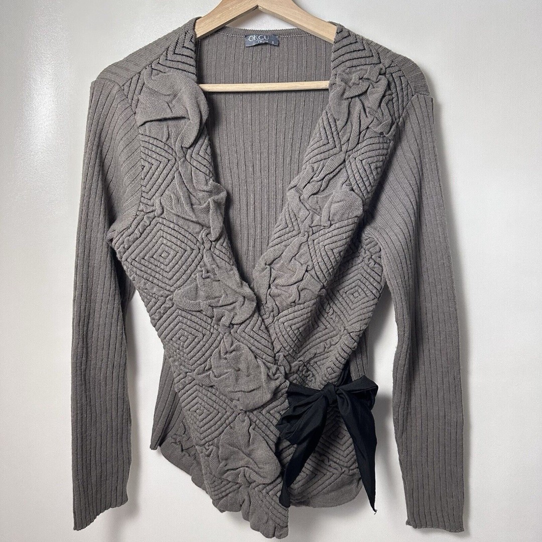 Okcu Trilogy Sweater Wrap Side Tie Merino Wool Taupe Gray Lagen Career Classy M