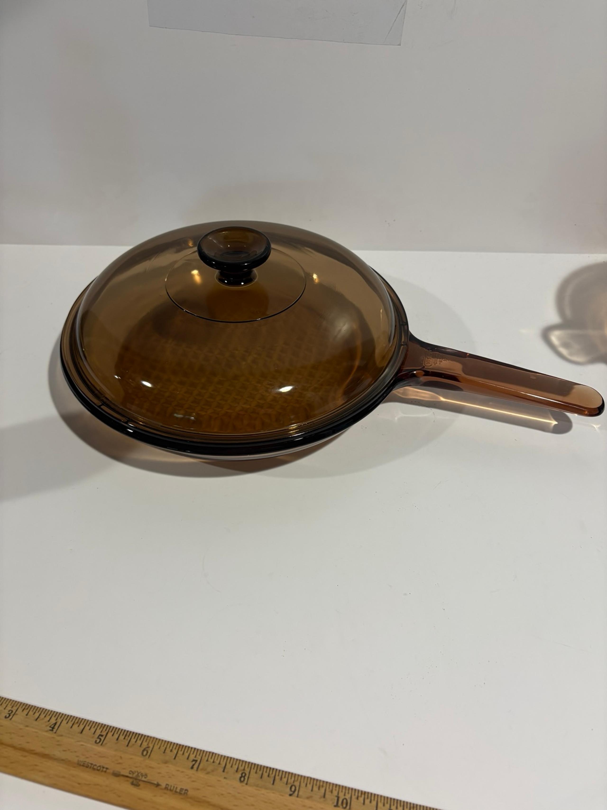 Vintage Corning Vision 10" Waffle Bottom Amber Frying Pan Skillet Pyrex Lid USA