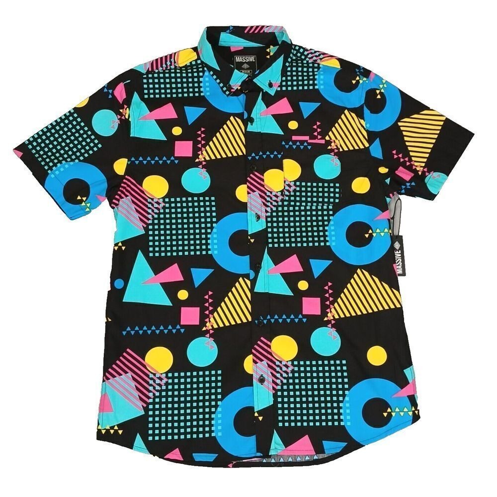 Massive 80's Flash Retro Miami Geometric Multicolor Shirt Mens Sz M Button Down