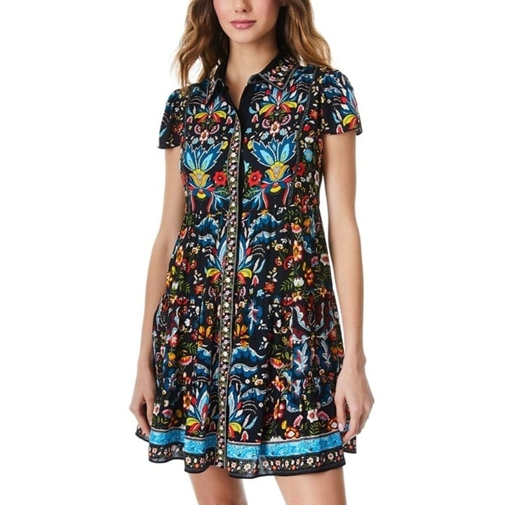 Alice + Olivia Meeko Embroidered Tiered Floral Print Crepe Mini Shirt Dress Sz 6