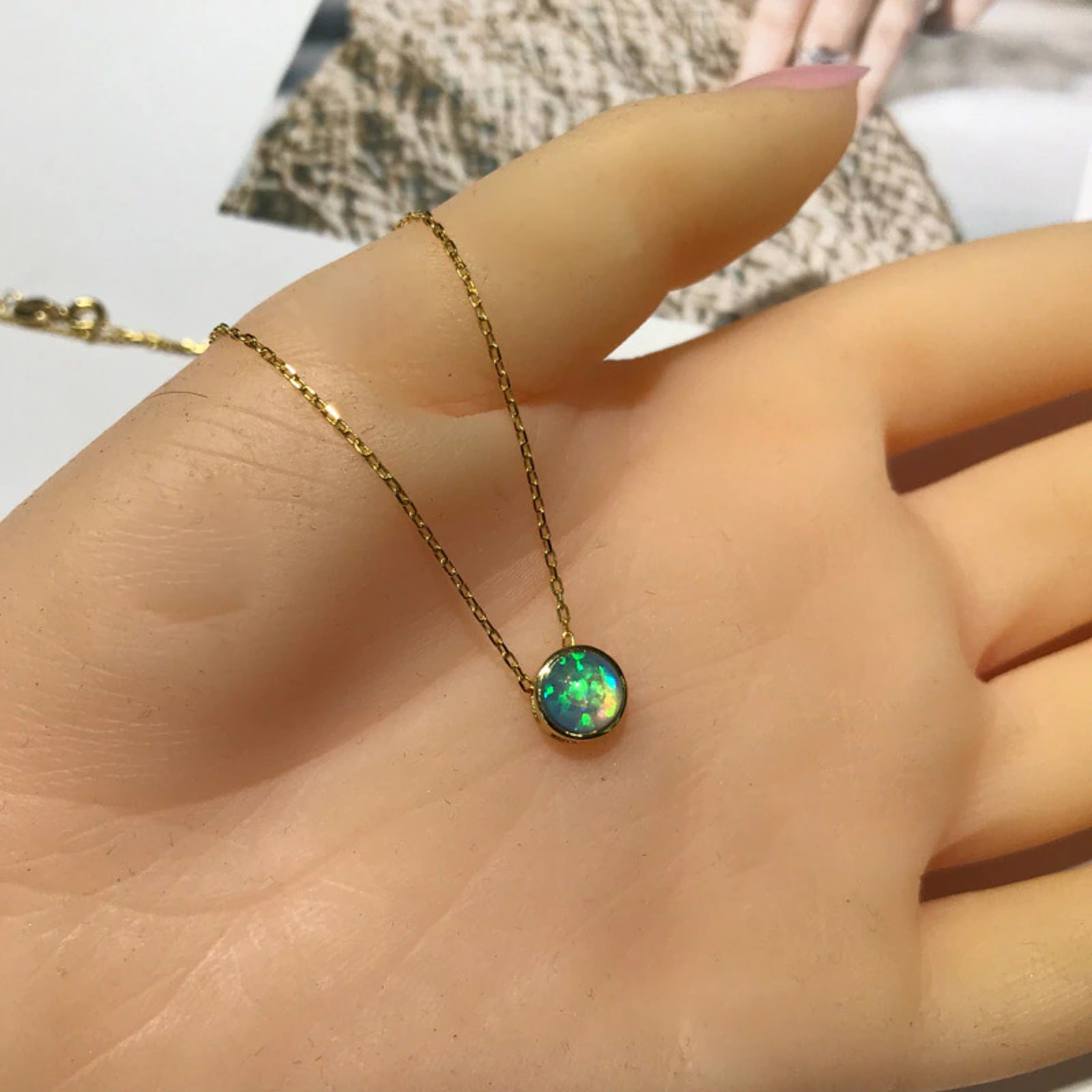 White Opal Round Bezel Set Pendant Necklace 6mm 925 Sterling Silver, Black Opal