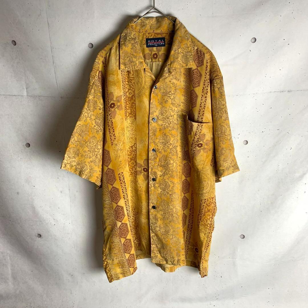 ## Short Sleeve Shirt - Dusty Mustard, Open Collar, Ethnic Pattern, Vintage
