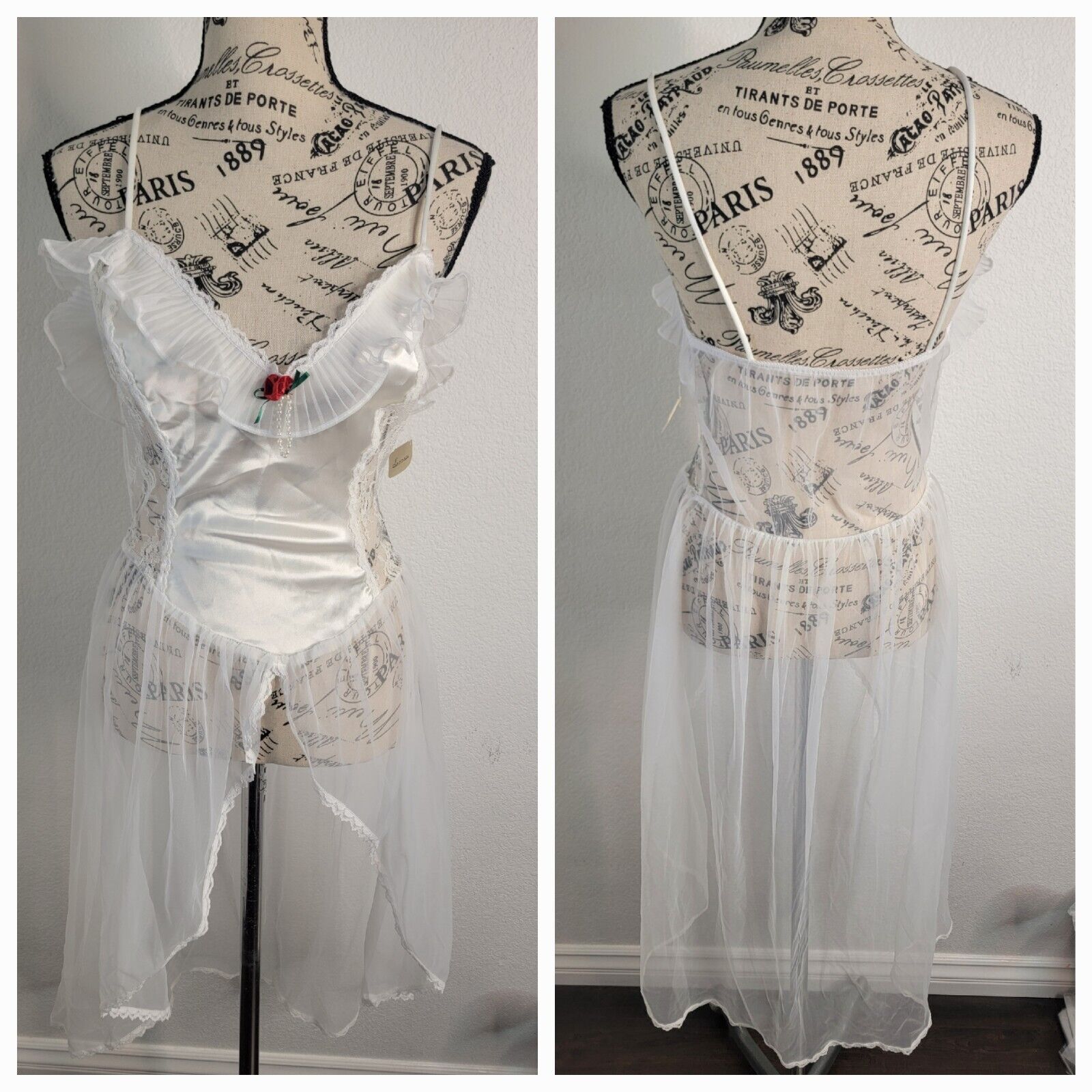 Nan Flower Sheer Slip Dress Sz M Bridal White Rose Applique Chemisse Vintage NEW