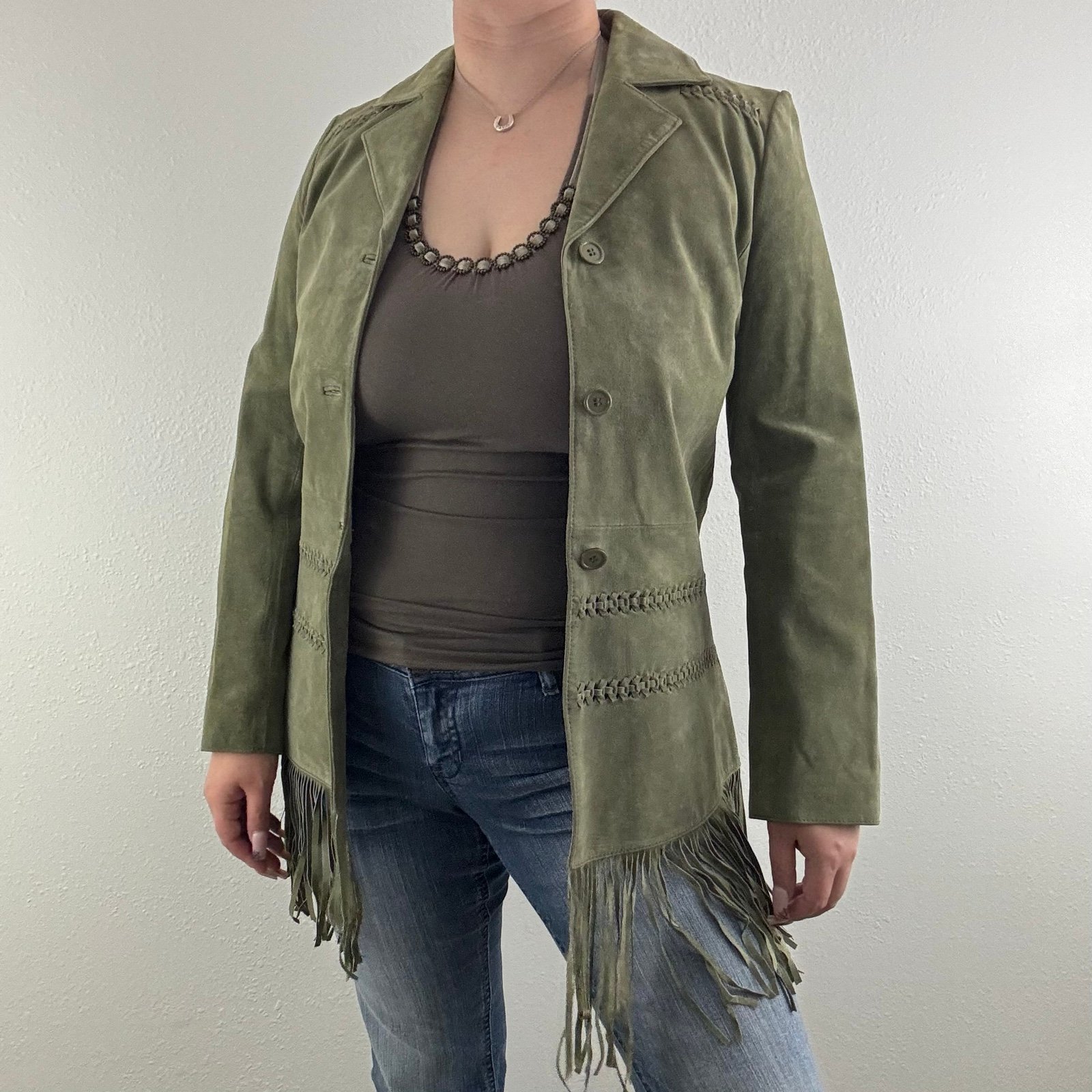 ARTURO Vintage 90s Army Green Suede Leather Grunge Fringe Hem Button Up Jacket