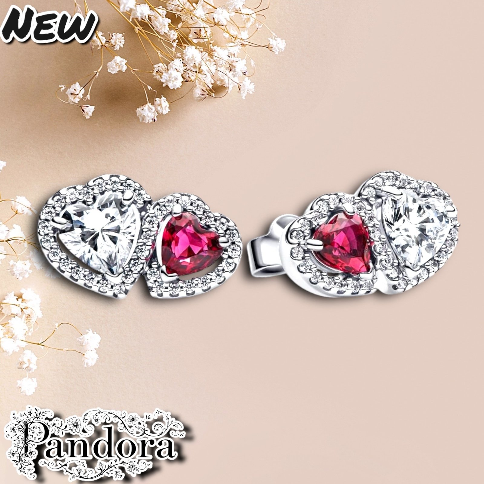 New Pandora Halo Hearts Stud Earrings