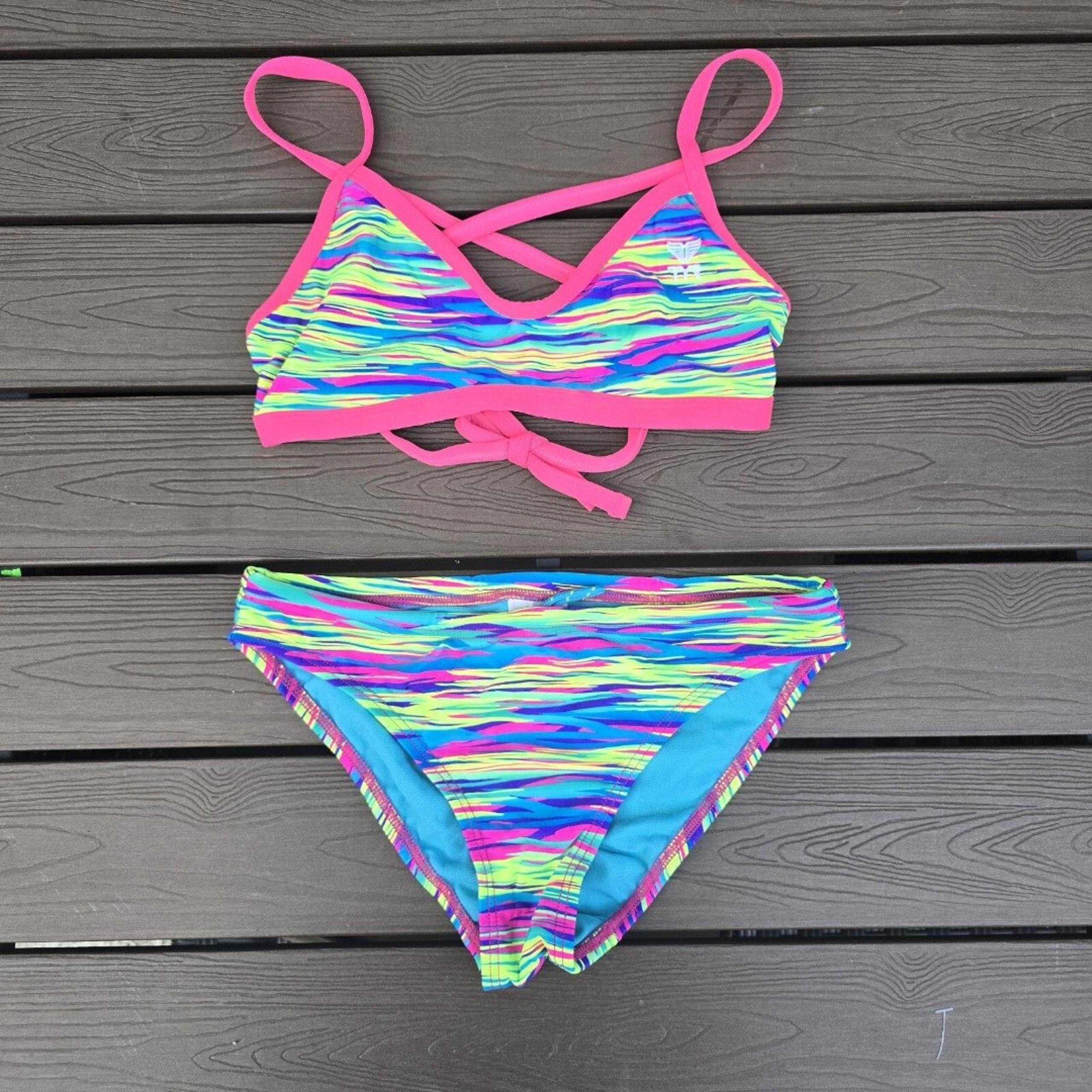 TYR Durafast Crosscut Tieback Bonzai Blue/multi  Striped Classic Bikini Sz M New