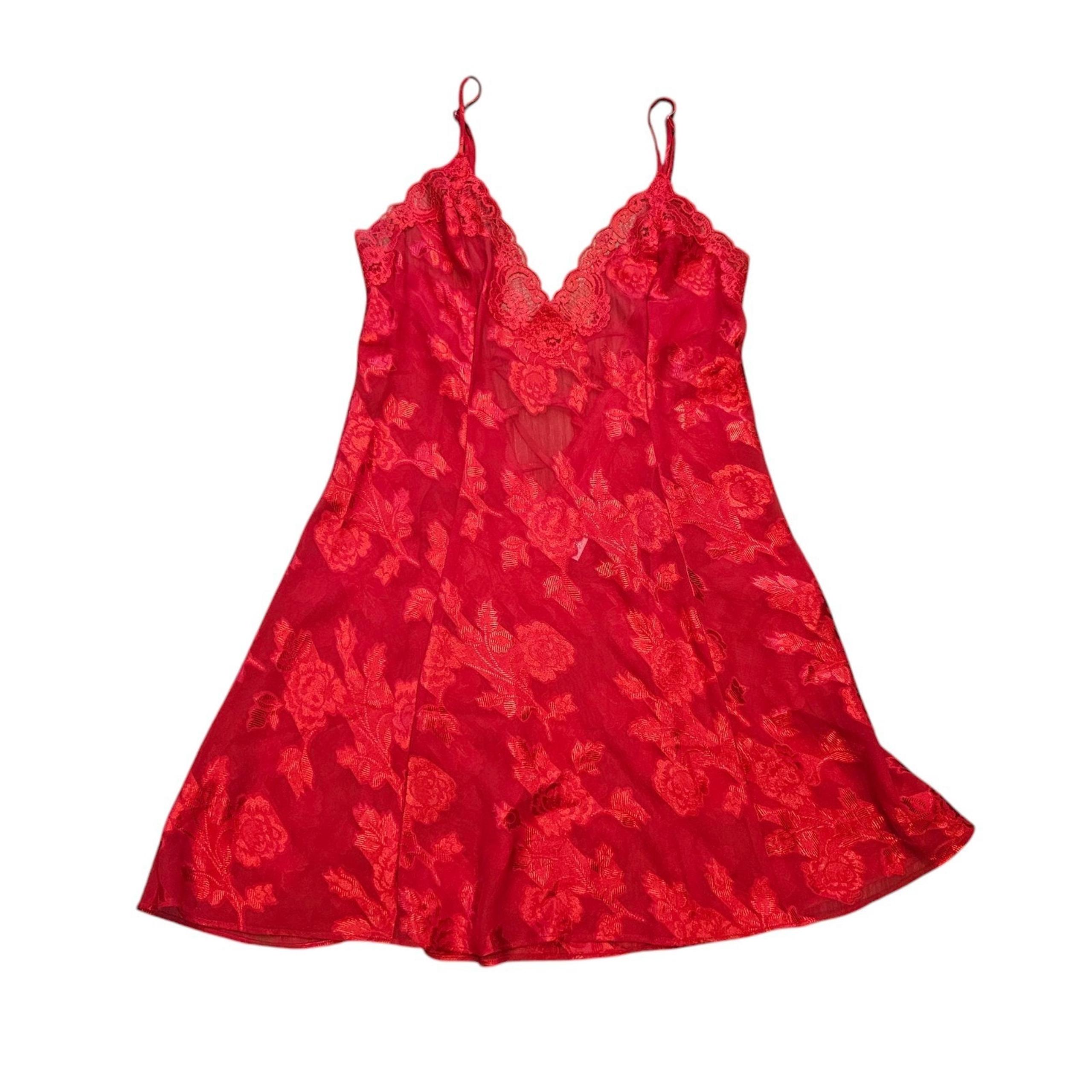 Vtg Fredrick's of Hollywood Red Floral Lace Slip Dress Womens M Lingerie 90s