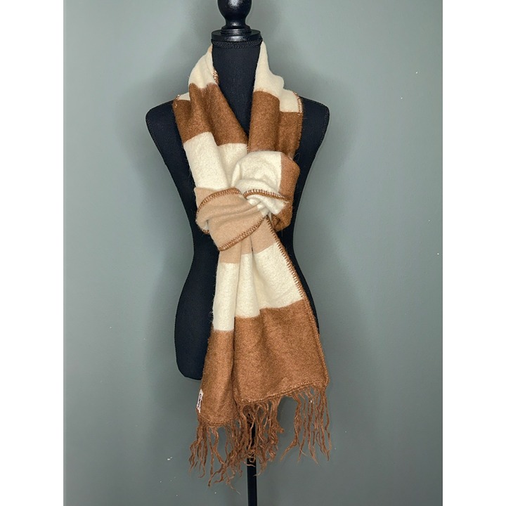 VTG ARTE FOLKLORICO PERUANO S.A. 70s Handmade Brown Tan Cream Tassel Scarf RARE