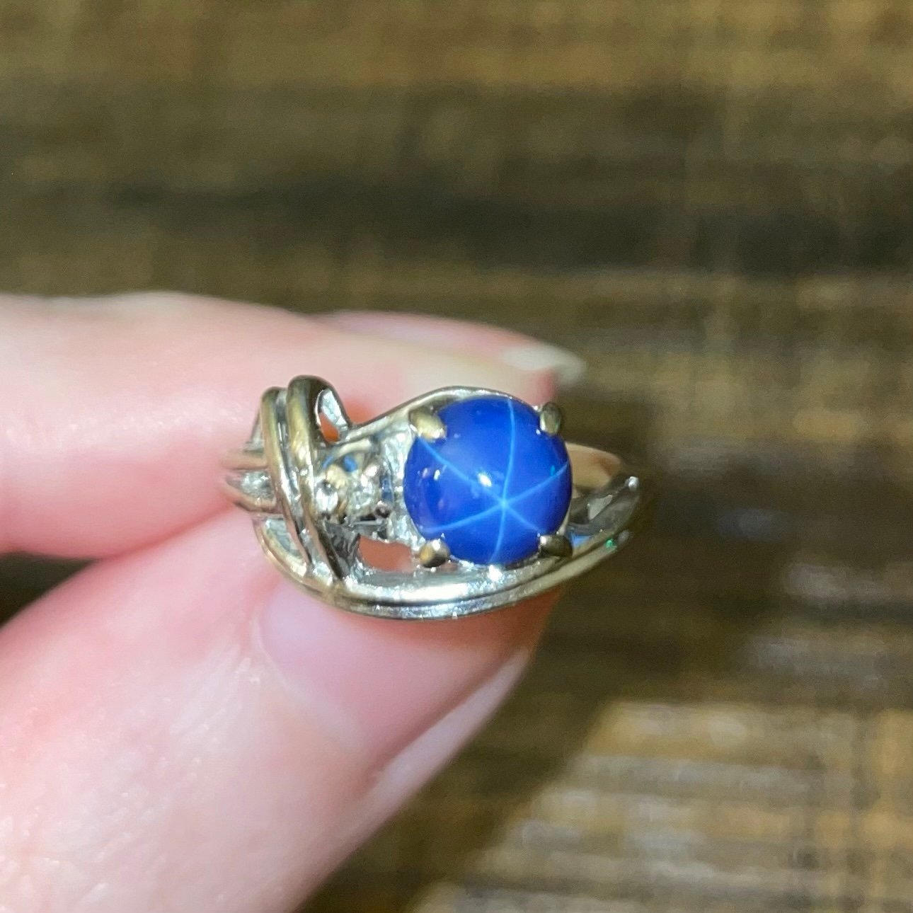 14k solid gold blue 1.5 ct star sapphire cabochon diamond accent ring size 3.75
