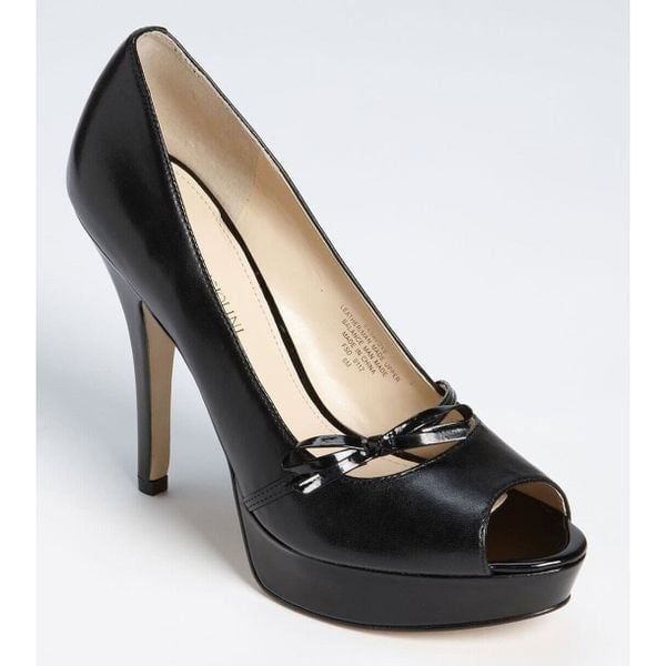Enzo Angiolini Sz 6 Black Leather Savoye Bow Trim Peep Toe High Heel Pump Shoes