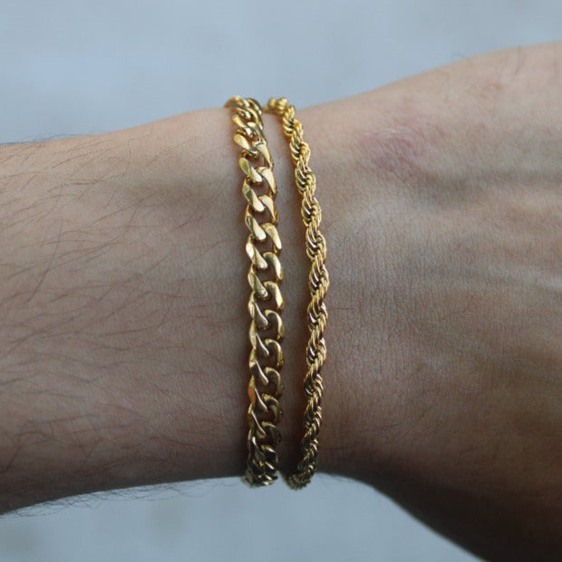 Gold 5mm Cuban Link & 3mm Rope Bracelet Set - 7 / 8