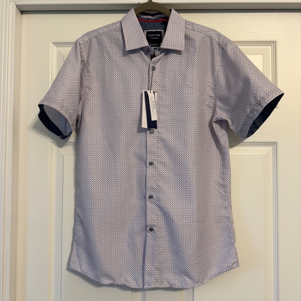 Men's Silver Stone Geo Collection Button Down Short Sleeve Shirt L White Gray