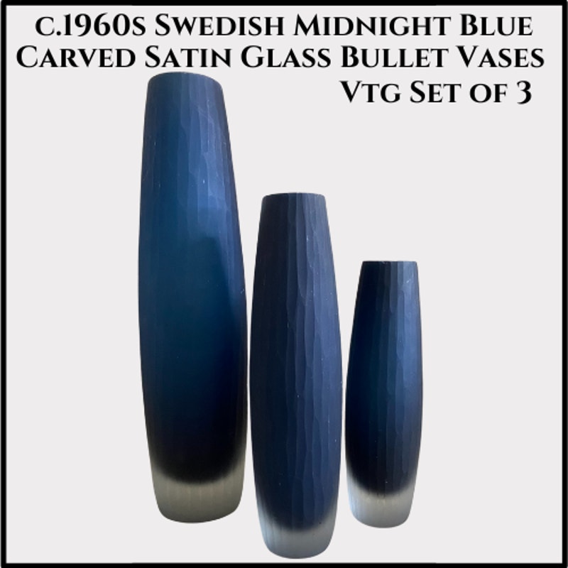 c.1960s Swedish Midnight Blue Carved Satin Glass Bullet Vases - Vtg Set of 3