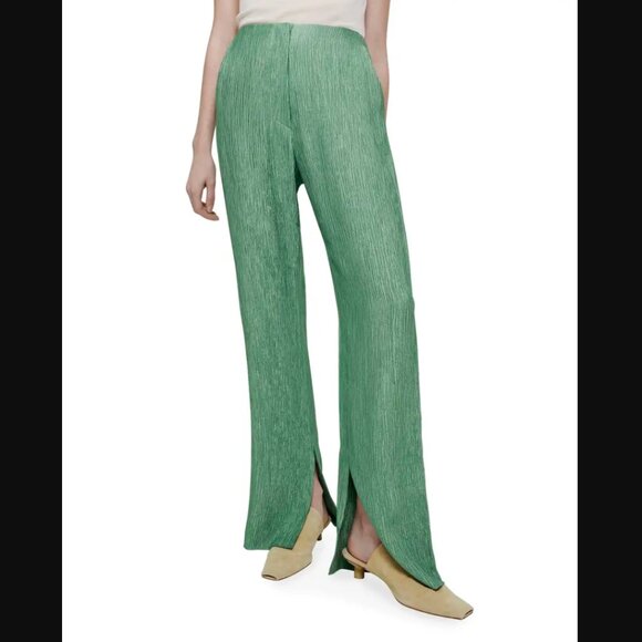 Nanushka Tabbie Green Metallic Crinkled Viscose Wide Leg Plisse Crepe Trousers L