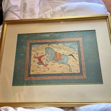 Vintage 24W x 18H Mughal “Horse and Runner” Lithograph in Geometric Gold Frame