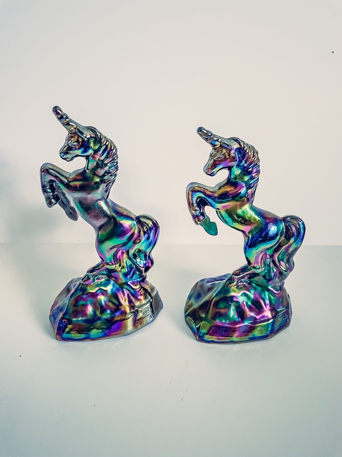 2x Lot Fenton Blue Iridescent Carnival Glass Unicorn Horse Figurine RARE-MINT