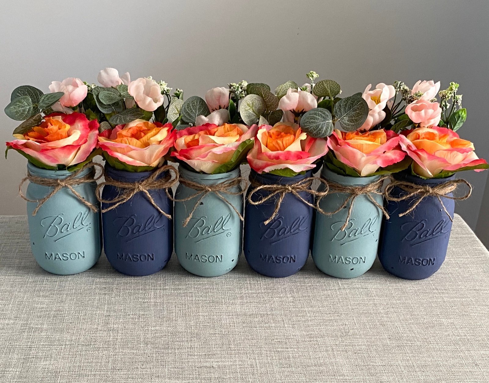 Chalk painted distressed PINT mason jars w/faux flowers included 6 for 30