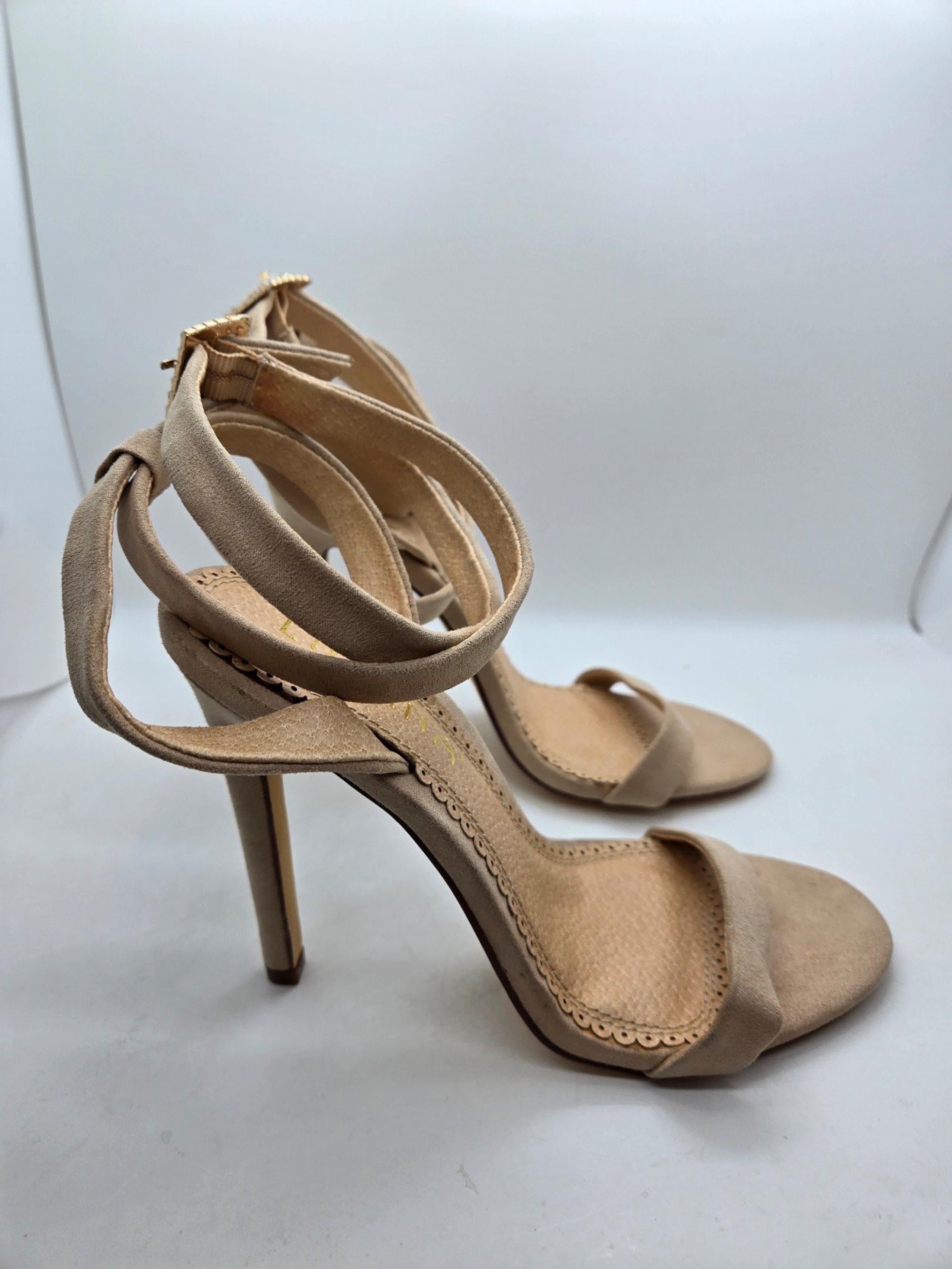 LILIANA Stiletto Heels Women's 6 Beige Open Toe Tie Up diamond buckle Sexy Shoes