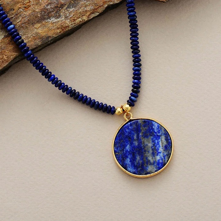 NWT Beaded Necklace Round Pendant 18K Gold Plated Natural Lapis Lazuli