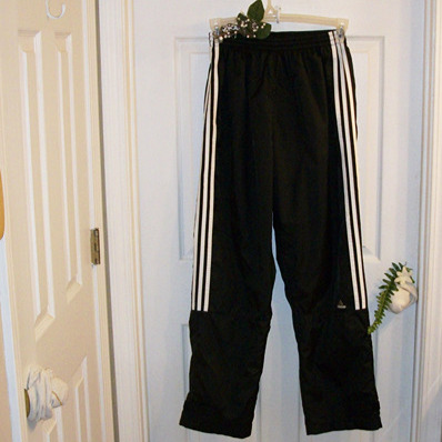 ADIDAS Sz L Windbreaker Jogging Pants Black Triple White Stripe Mesh Lined