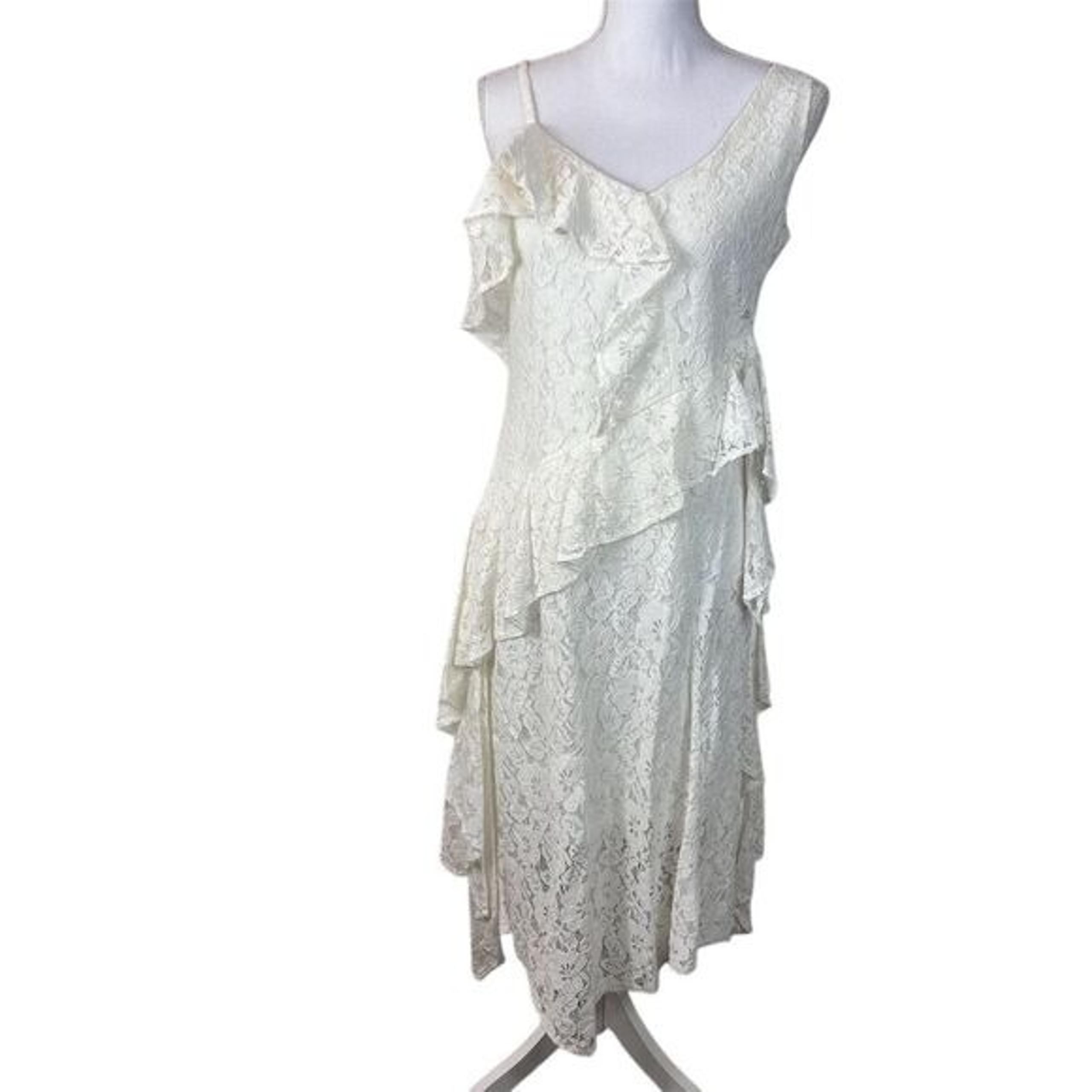 Taylor Women's White Lace Asymmetrical Ruffle Hem Midi Dress Size 10