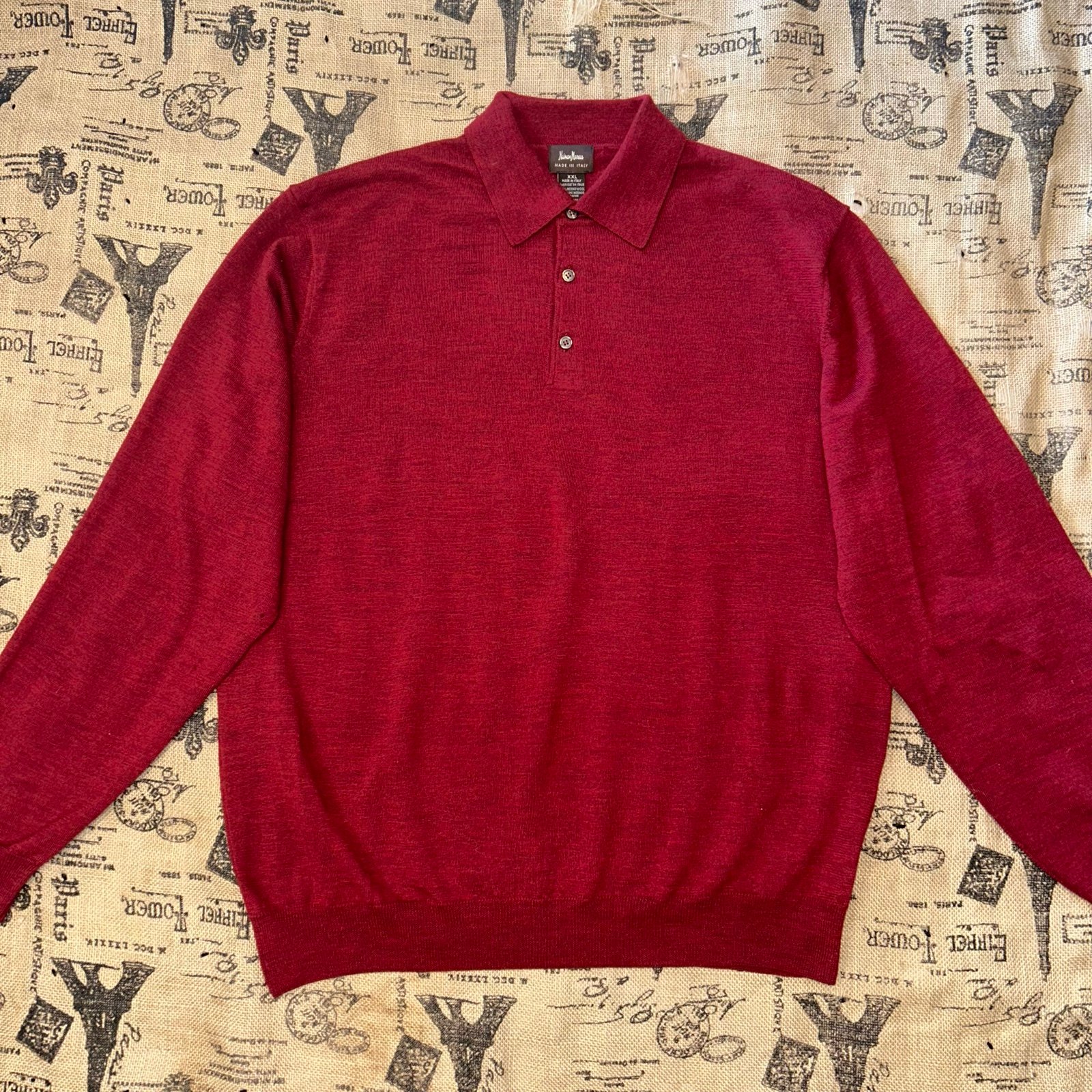 Neiman Marcus Red 100% Merino Wool Polo Sweater Made In Italy Long Sleeve Size