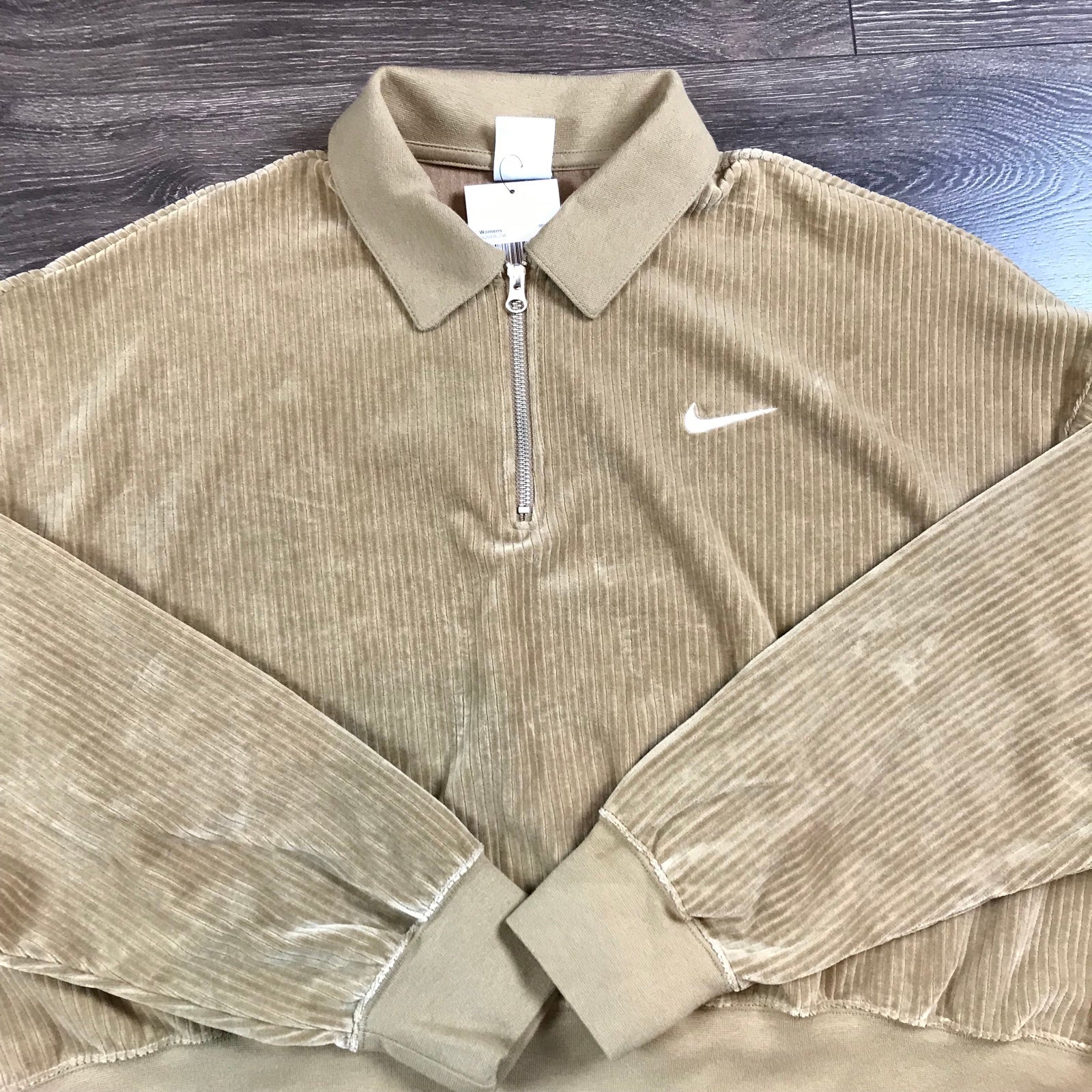 Nike Sportswear Women's Velour Tan Corduroy 1/4 Zip Pullover Collard Top Sz XXL
