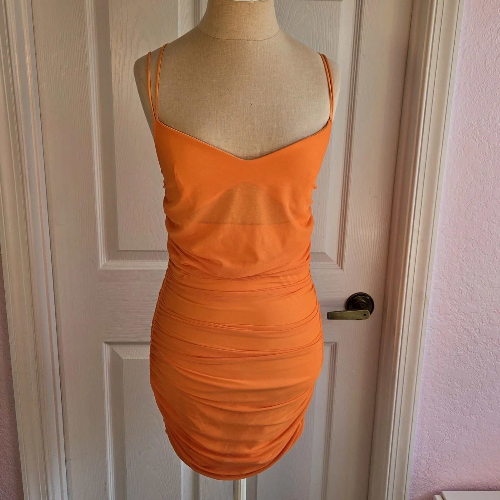 Lucy In The Sky Orange Mesh Ruched Bodycon Dress Women's Size Large Sexy
