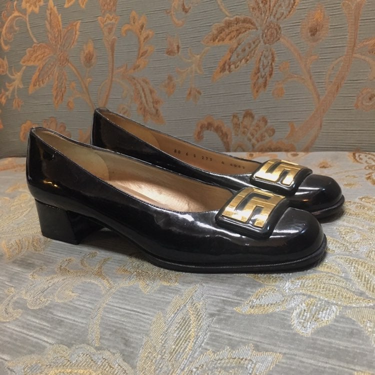St. John Gold Logo Black Patent Heels