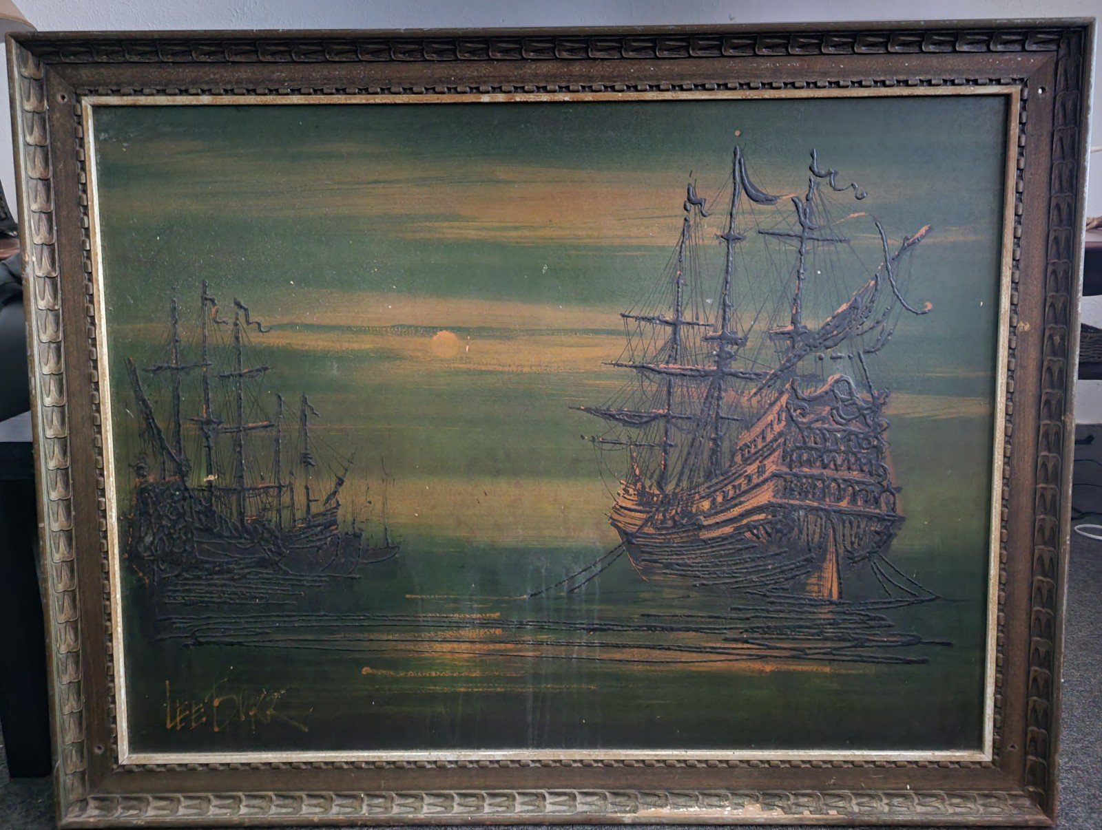 Vintage Painting by Lee Burr Ships at Mystic Sea Spanish Galleons 