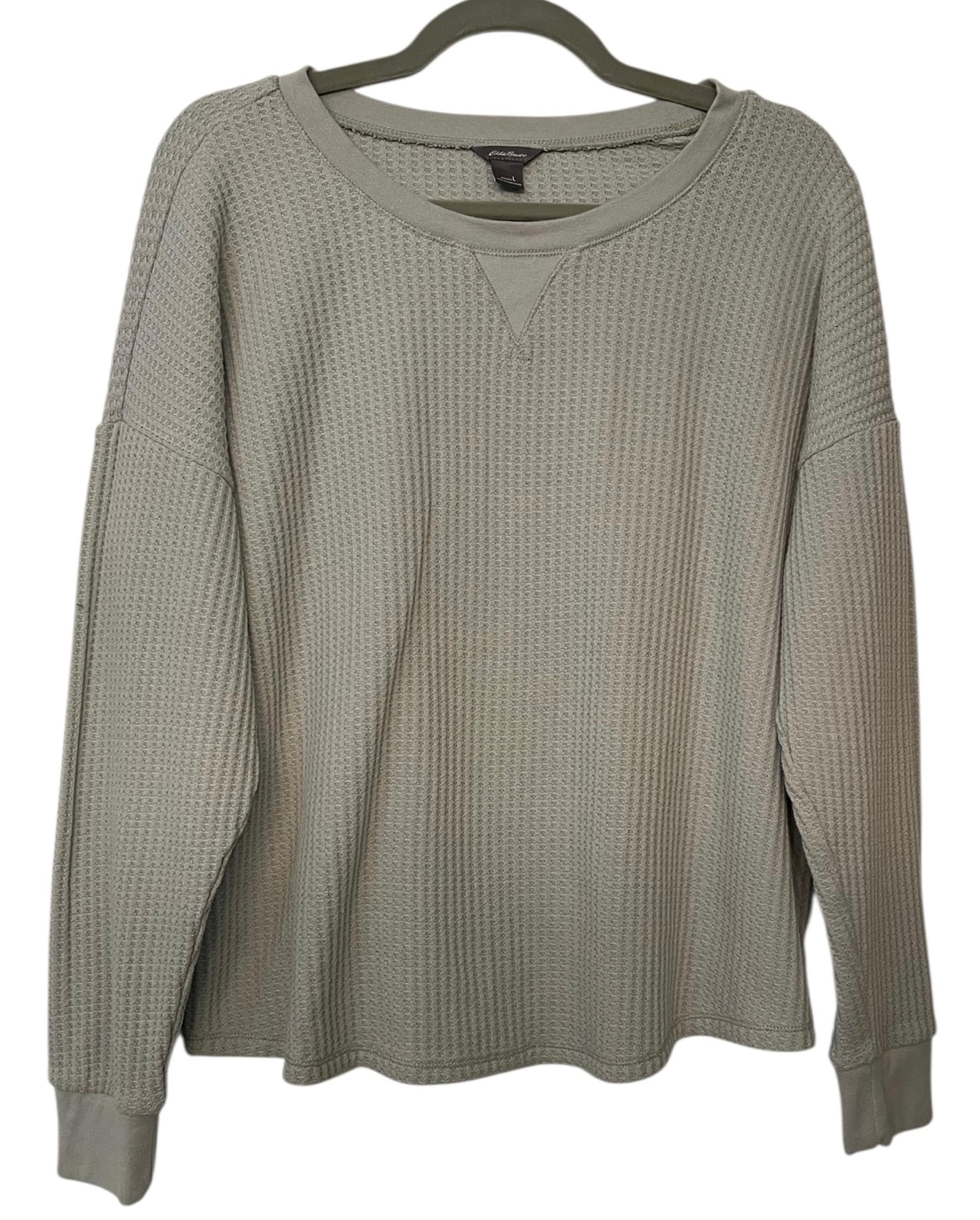 Eddie Bauer Ladies Sage Green Waffle Knit Long Sleeve Top Size L NWOT