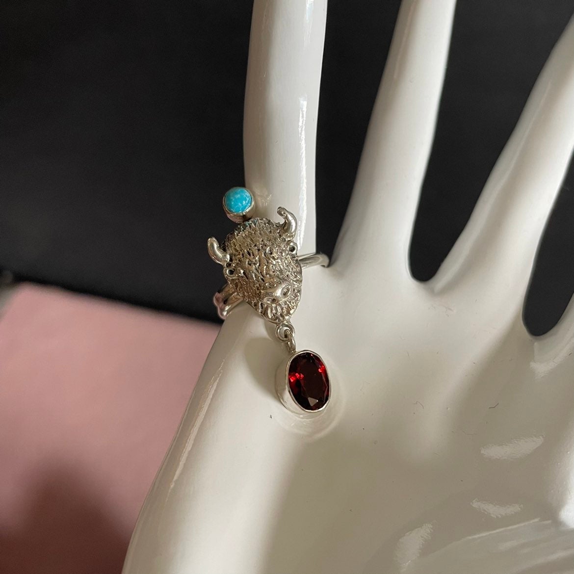 Sterling Silver Diamond Cut Bull Head Ring with Two Stones Turquoise Garnet