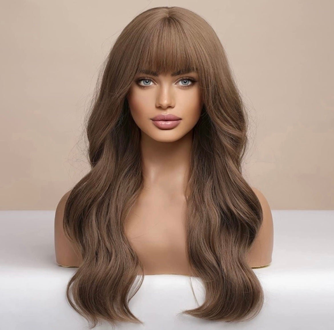 Human hair blend ligh brown wig with bang.