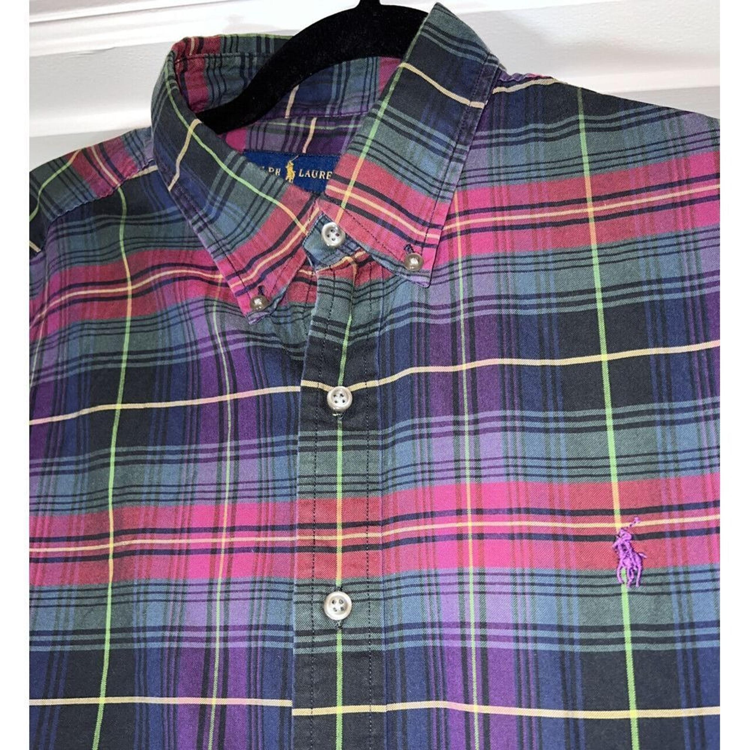 Ralph Lauren Long sleeve button down shirt red navy green plaid cotton Large
