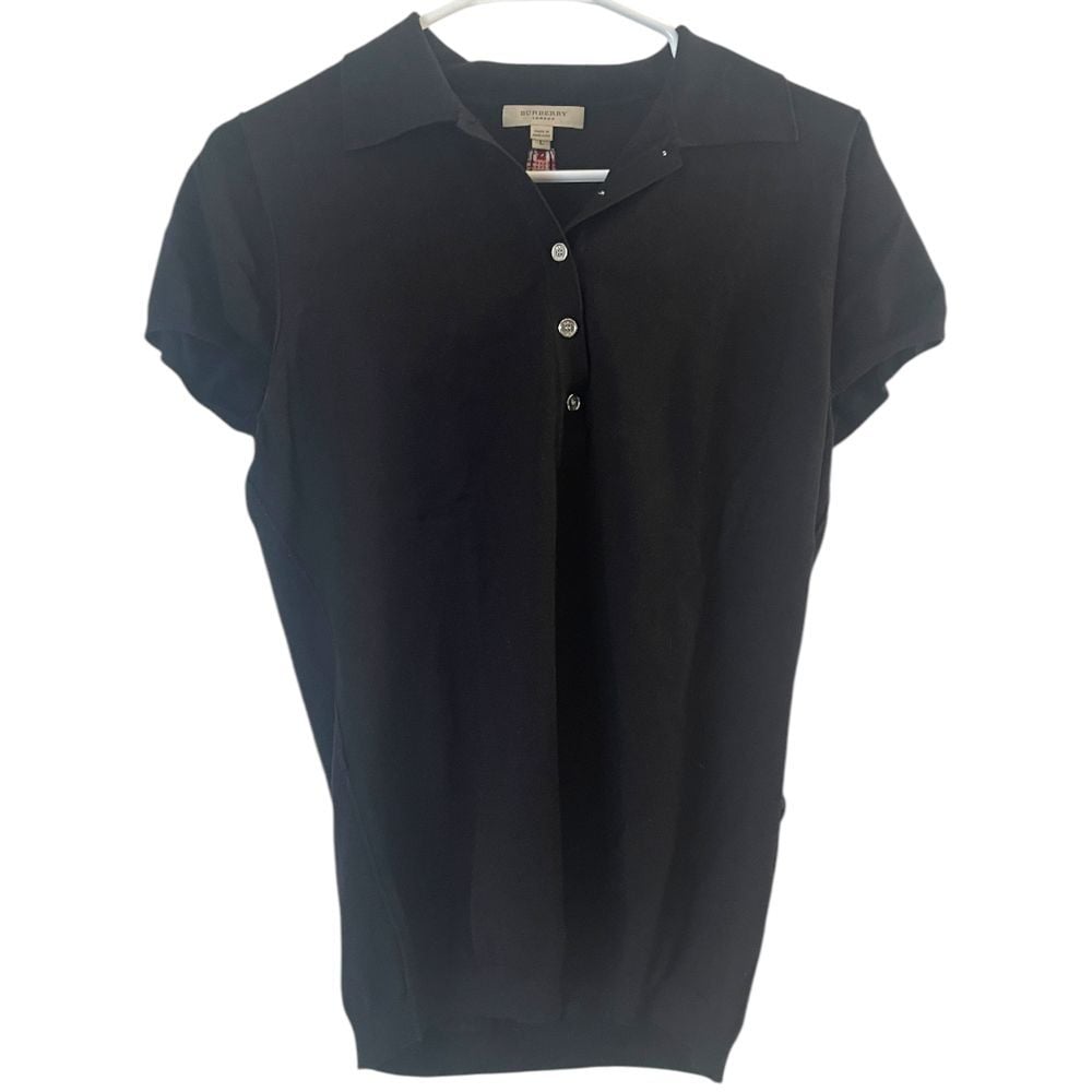 Burberry London Silk Blend Black Knit Polo Shirt Womens Large