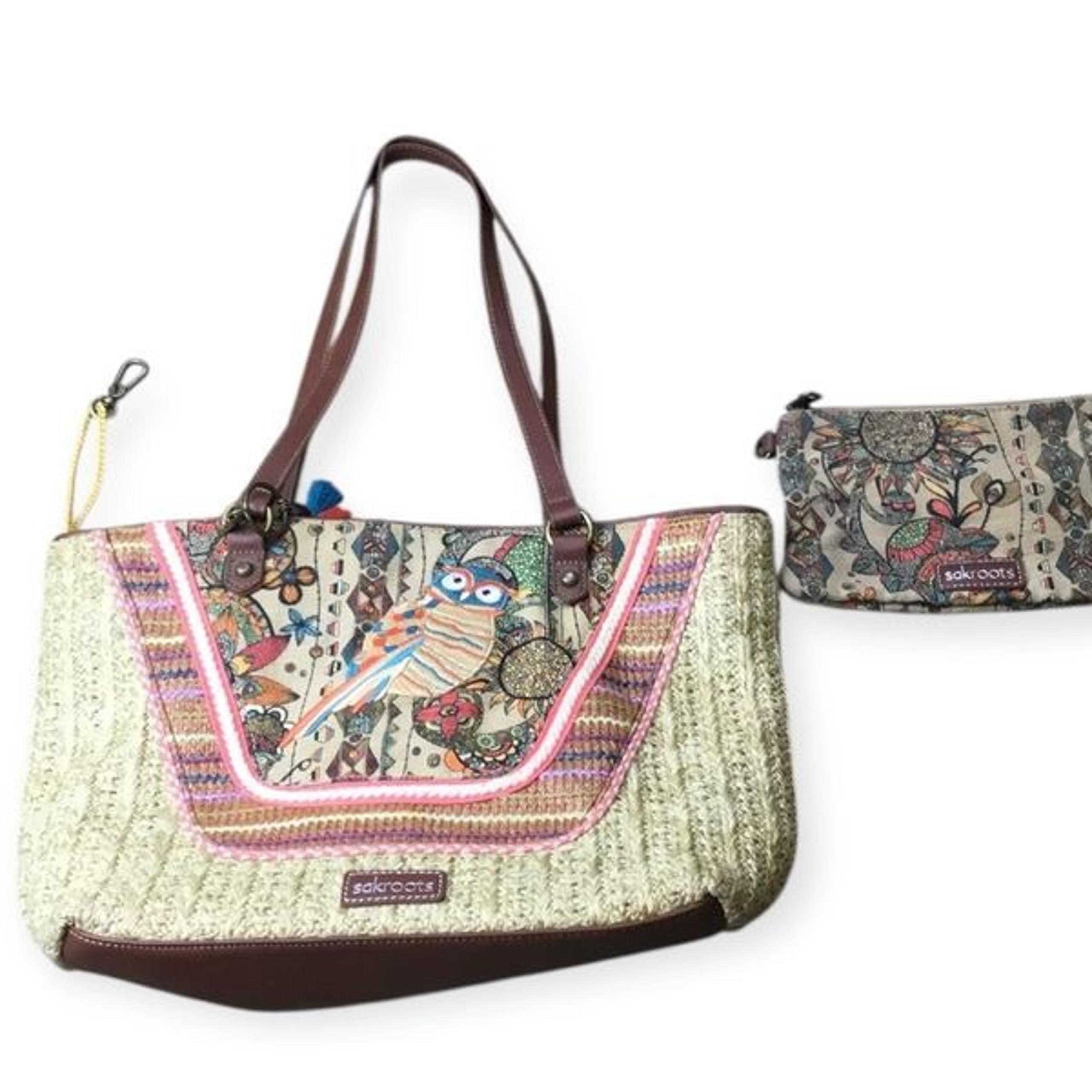 SAKROOTS Women’s Multi-Color Wild At Heart Owl Straw Tote Bag and Wristlet