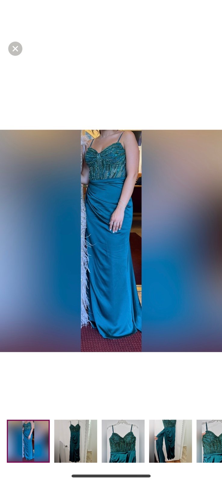 Emerald beaded corset gown with satin bottom and side cape