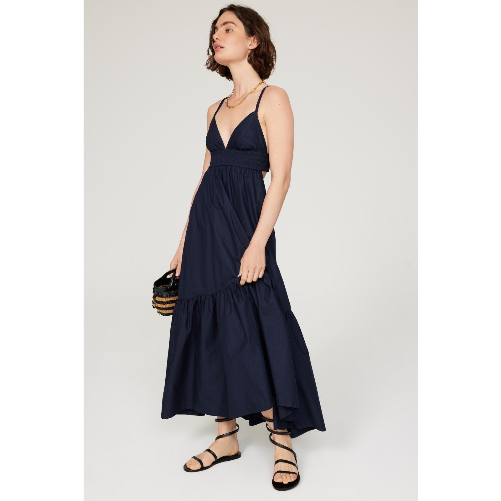 A.L.C. Rhodes Navy Poplin Sleeveless V-Neck Smocked Tiered Maxi Dress Size 6