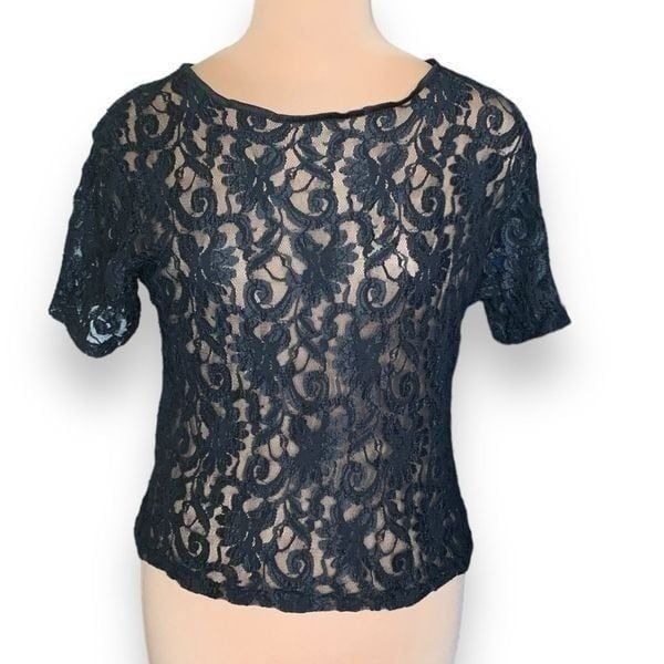 Vintage Heather Nicole Top Black Lace Sheer Short Sleeves Scoopneck Floral