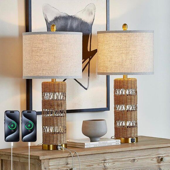NEW Set of 2 Rattan Decorative 28 Table Lamps with E26 Socket&Rotary Switch,