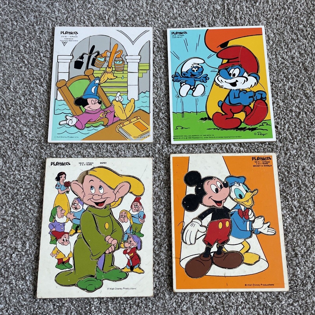 Vintage Playskool Wood Puzzle Lot 4 Smurfs Snow White Fantasia Disney 1950s-80s