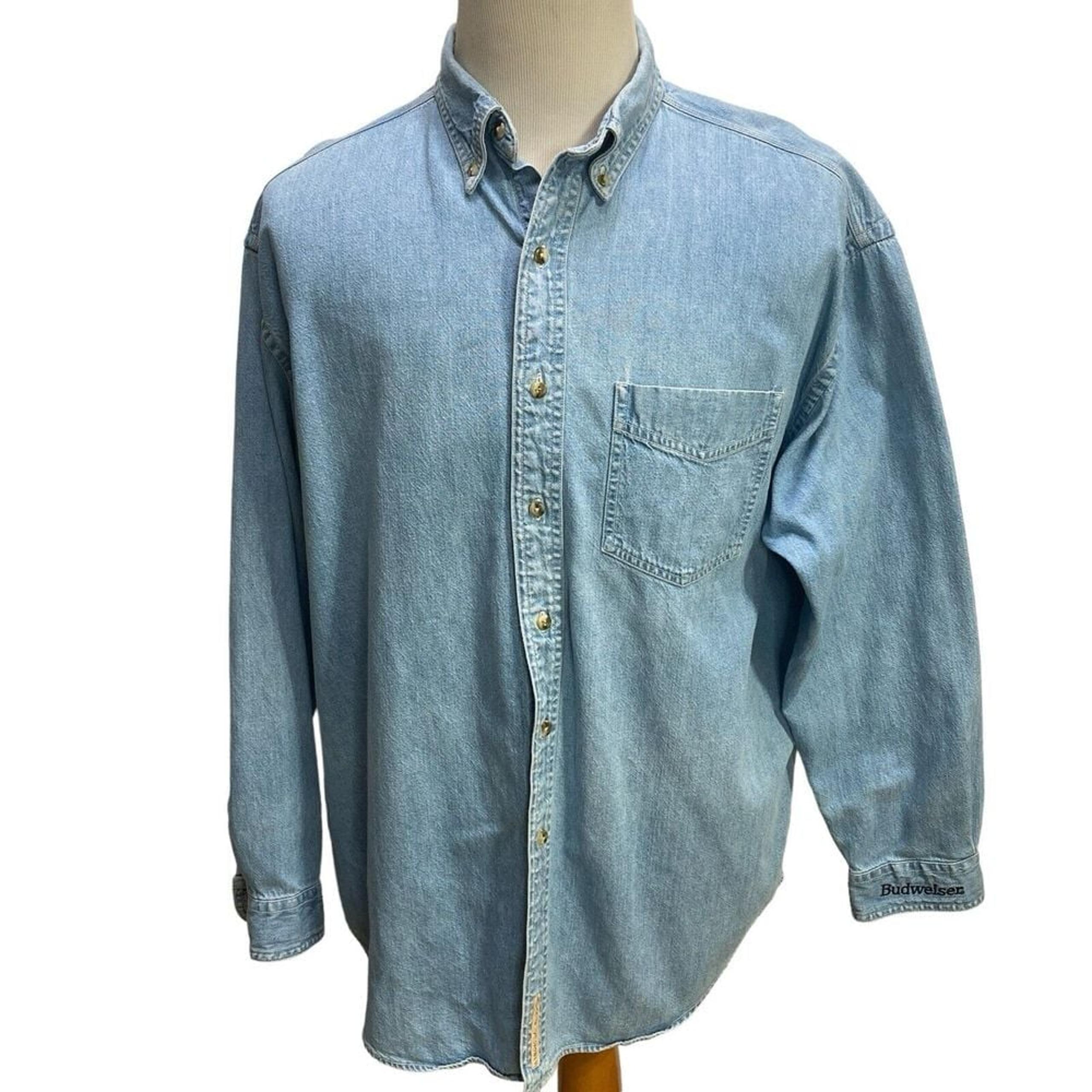 VTG 90s Gear for Sports XL Denim Shirt Budweiser Jean Button Down Long Sleeve