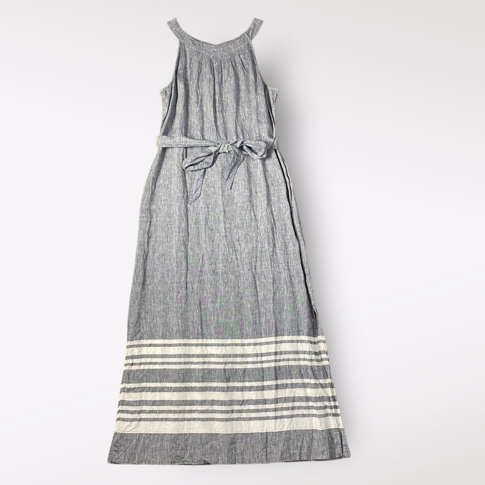 Talbots Stripe Linen Chambray Belted Maxi Dress Size 10 Preppy Coastal