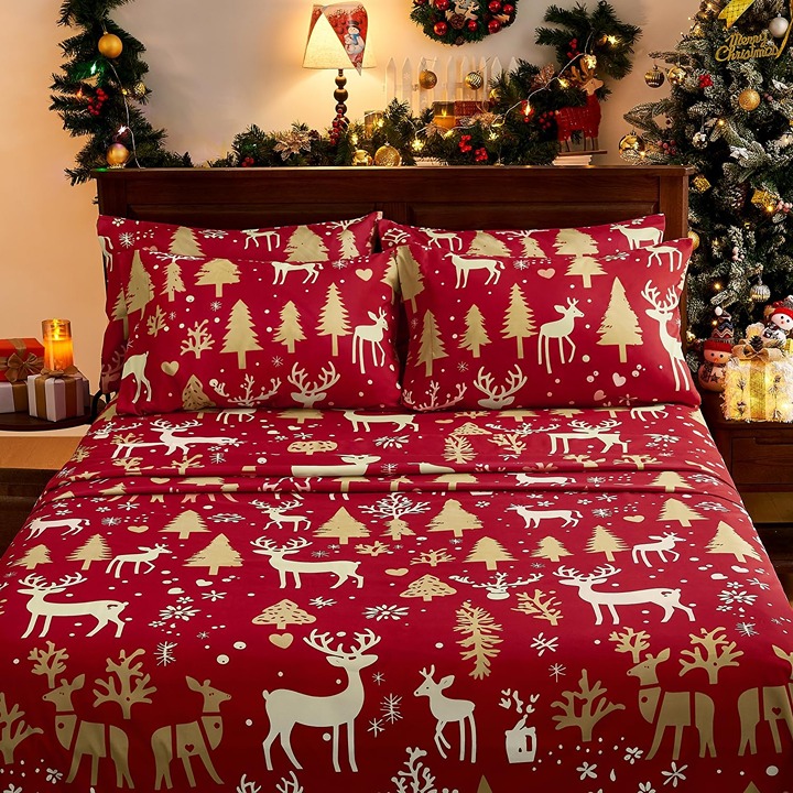 Reindeer&Christmas Tree Printed Sheets 6 Pieces Set (Queen Size,Christmas