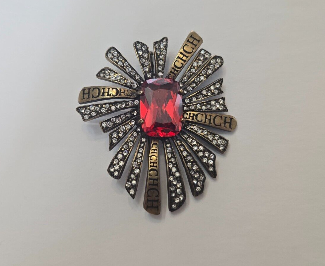 Vintage Carolina Herrera CH Red Glass Gold Tone Starburst Brooch