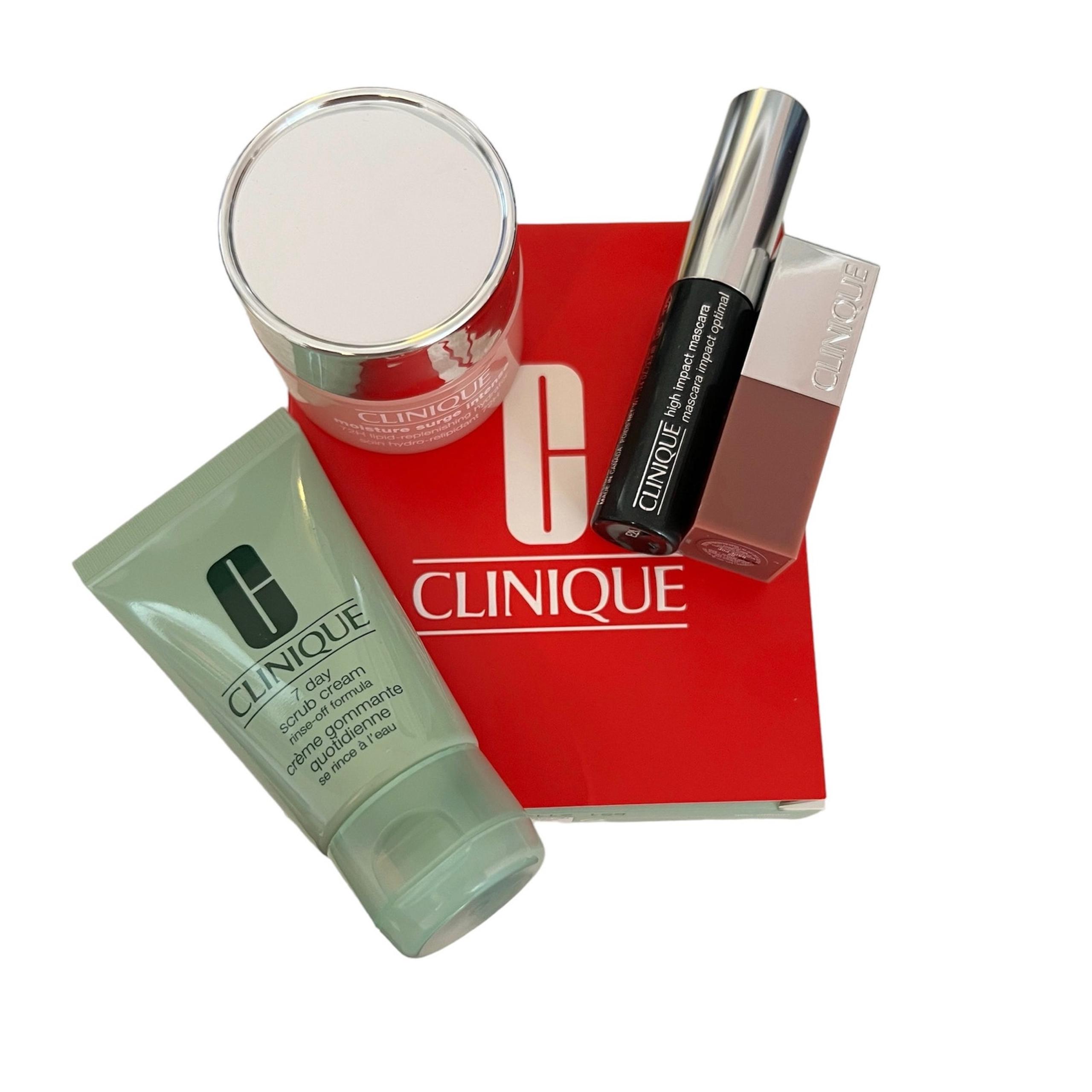NEW Clinique discover clinique makeup set scrub, mascara, lip color, hydrator