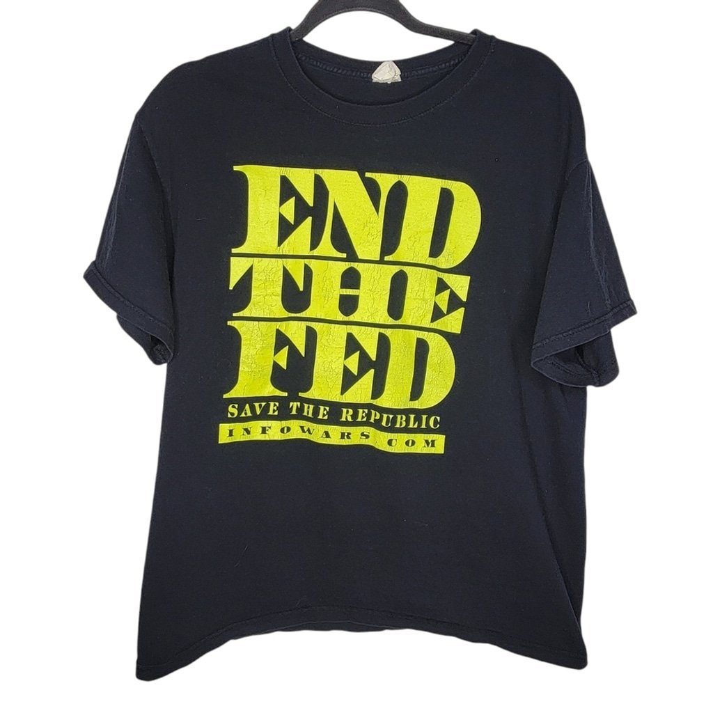 Vintage Infowars End the Fed Save the Republic T-Shirt in Black Neon Yellow Sz L