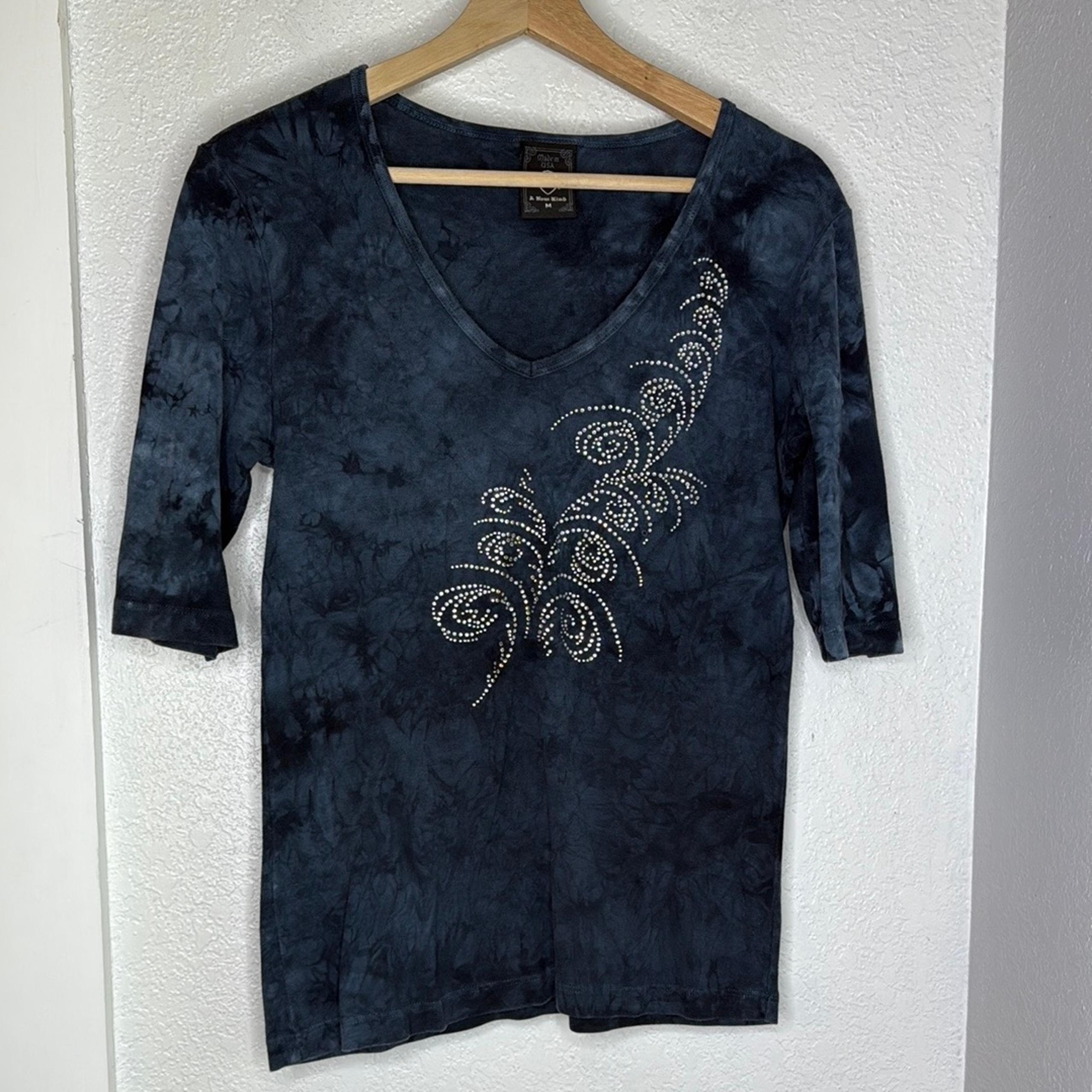 Sledge USA Dark Blue bling sequin V-Neck t shirt 1/2 sleeves Y2K 90s size Medium